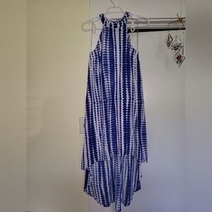 Blue and White Tie-Dye Halter Dress. Shorter In Front